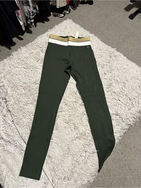 PINK Victoria's Secret Dark Green Leggings with Gold & White Waistband